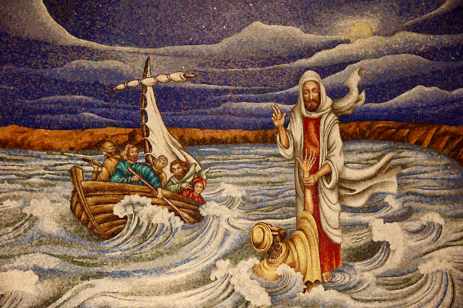 Mosaic of Jesus walking on water, Magdala visitor centre, Sea of Galilee