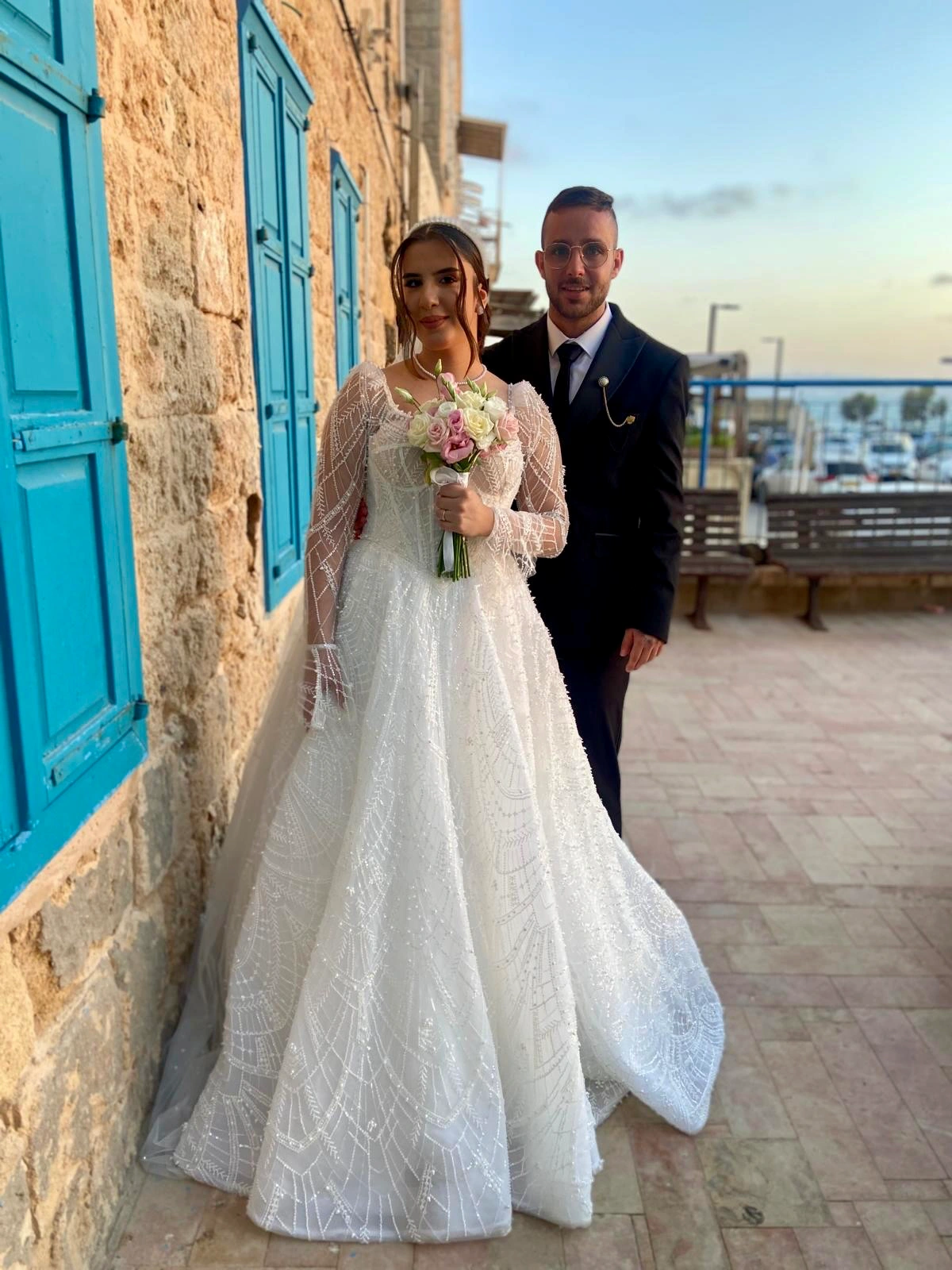 Wedding couple at Jaffa port at sunset