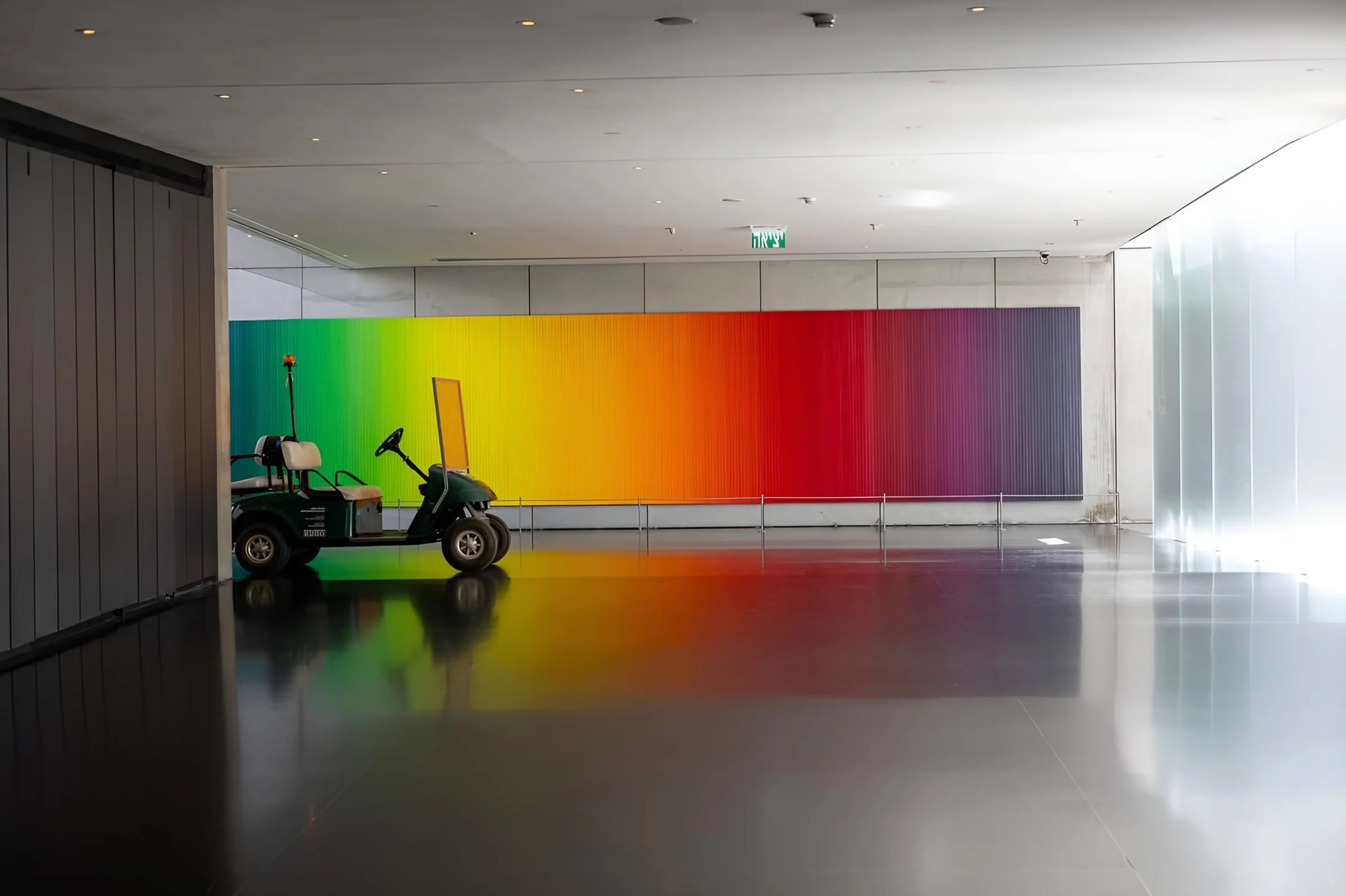 A green maintenance cart parked before a long rainbow-gradient artwork, its colours reflected on the dark floor, Israel Museum, Jerusalem