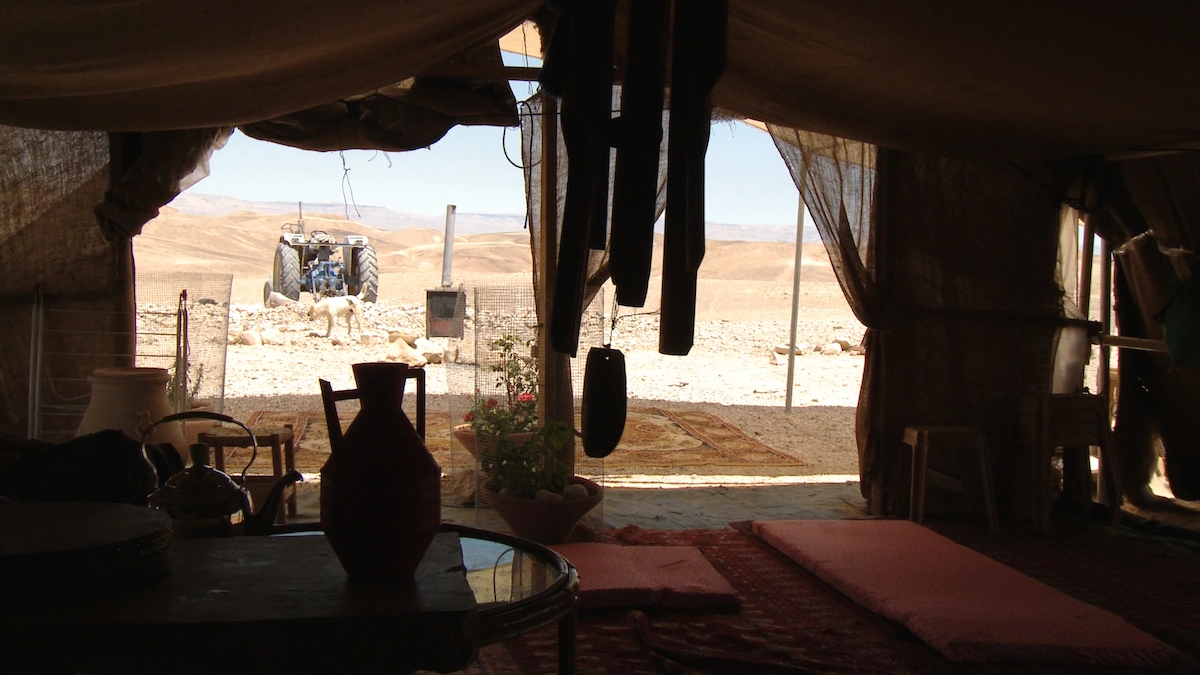 Inside Yaron's tent looking out at the Judean Desert